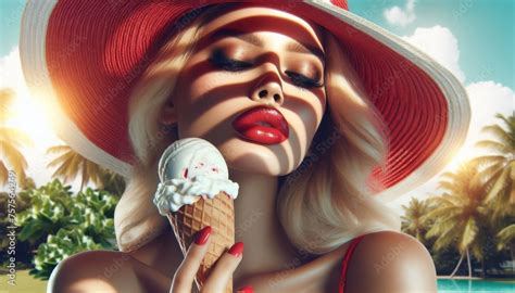 H Bsche Blonde Junge Frau Mit Sommerlichem Hut I T Genussvoll Ein Eis Stock Foto Adobe Stock