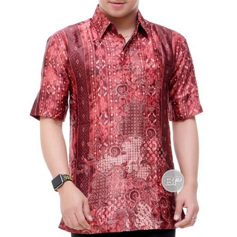 Jual Kemeja Batik Semi Sutra Lengan Pendek Lapis Furing T Merah L