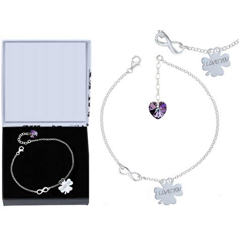 Srebrna Bransoletka Serce Swarovski Infinity Koniczynka Grawer Shopee