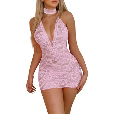 Avidlove Women Babydoll Lingerie Lace Chemise Halter Nightwear Teddy Dress Pink Avidlove