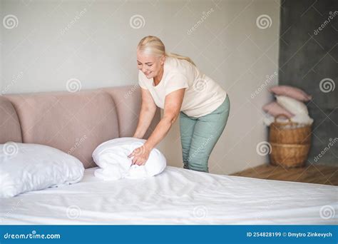 Blonde Housewife Making Bed And Looking Cute Stock Image Image Of Housewife Apartment