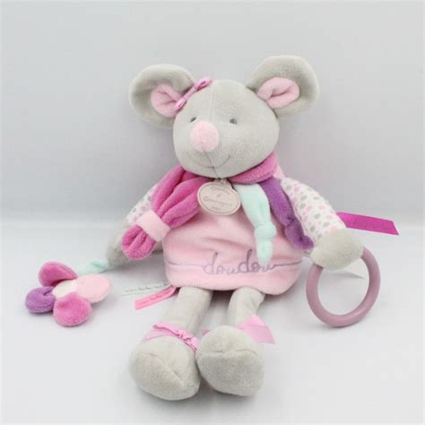 Doudou Et Compagnie Souris Grise Rose Violet Hochet Fleur Pearly