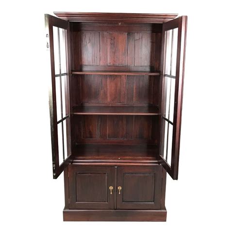 Solid Mahogany Wood Bookcase With Glass Doors And Cupboard At The