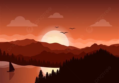 Fondo Puesta De Sol Paisaje De Montañas Fondo Agua Vector Naranja