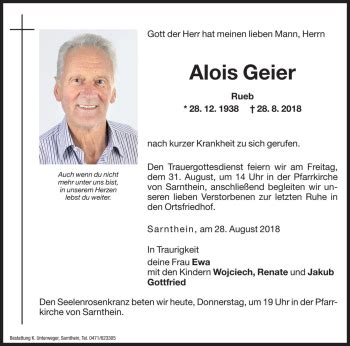 Traueranzeigen Von Alois Geier Trauer Bz