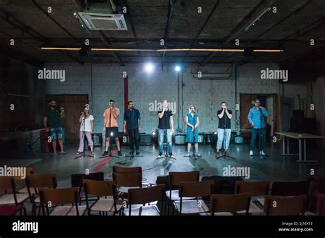 Rehearsal at theatre. Actors preparing for a role during the rehearsal ...