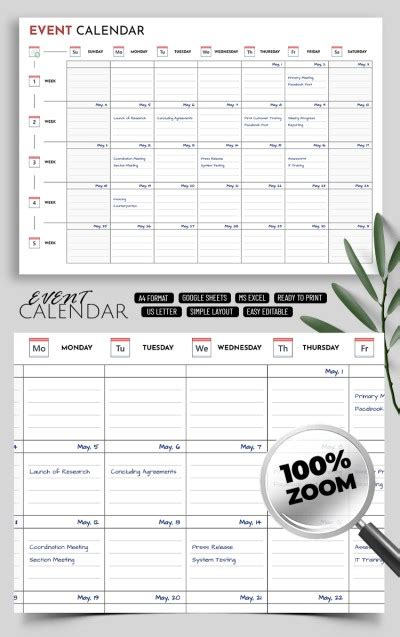 printable editable event calendar template  google sheets
