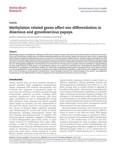 PDF Methylation Related Genes Affect Sex Differentiation In Dioecious And Gynodioecious Papaya