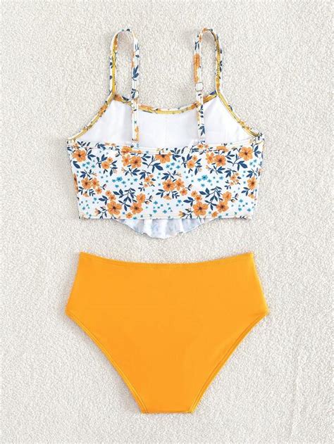 Girls Floral Print Ruffle Trim Bikini Swimsuit Shein