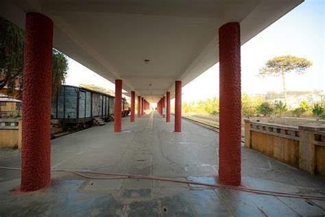 railroad station platform side view sidewalk station stock