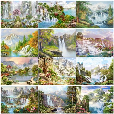 Huacan 5d Diy Diamond Painting Landscape Waterfall Mosaic Mountain Wall