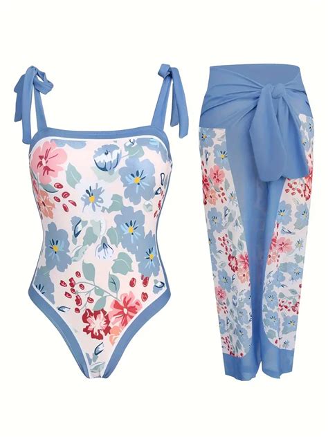 Blue Floral Print Stretchy Swimsuits Tie Shoulder Elegant Temu Canada