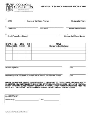 Fillable Online Gradschool Cofc Graduate School Registration Form Fax