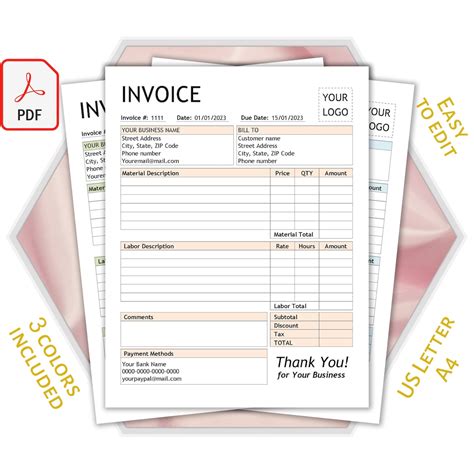 PDF Invoice Template for Adobe Acrobat Reader Fillable PDF Form With ...