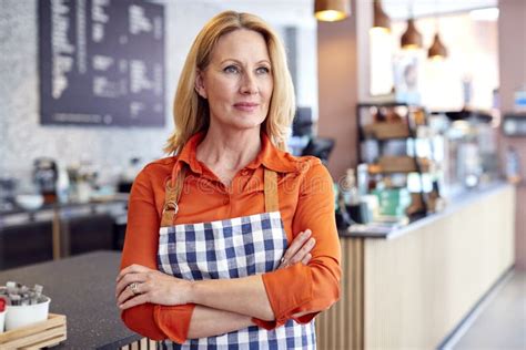 Mature Female Owner Or Worker In Coffee Shop Or Restaurant Stock Image Image Of Shop Retail