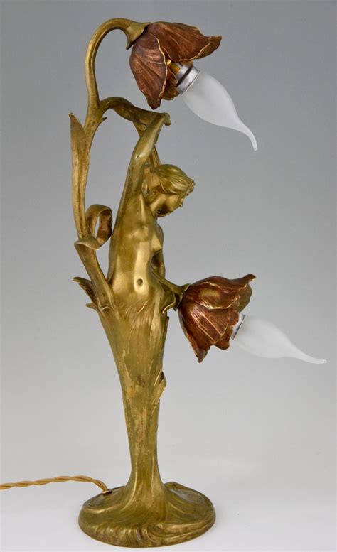 Art Nouveau Bronze Lamp Nude Lady With Flowers Deconamic