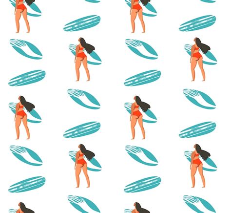 Premium Vector Hand Drawn Abstract Summer Time Seamless Pattern With Surfers Girl In Bikini
