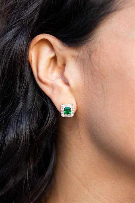 Emerald Cut Emerald And Diamond Halo Stud Earrings Emeralds