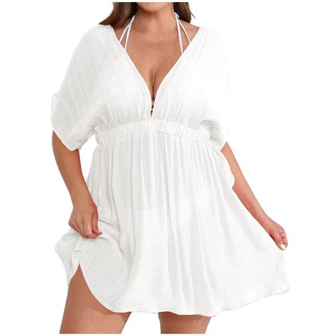 Lovskoo Womens Swimsuit Coverup Short Sleeve Beach Cover Up Dress V Neck Bikini Beachwear
