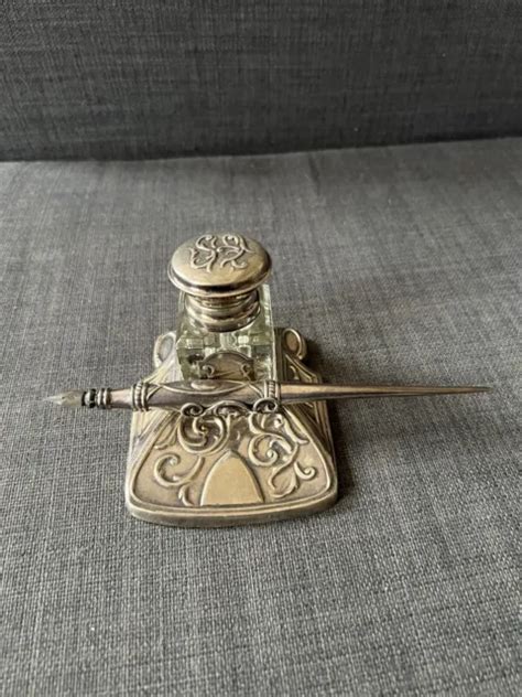 Ancien Superbe Inkwell Encrier Et Plumier En Argent Massif Orf Vre Ari