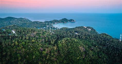 Island Seascape Evening Tropical Island Birds Eye View Stock Photo