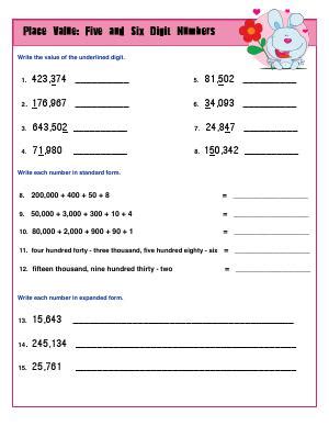 5 and 6 digits Place Value | Third Grade Math Worksheets | Biglearners