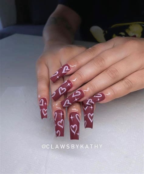 45 Gorgeous Burgundy Nails — Heart Burgundy Acrylic Nails