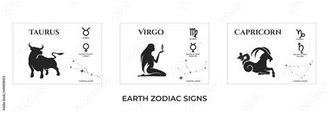 Earth Zodiac Signs Taurus Virgo And Capricorn Constellation And Ruling Planet Symbol