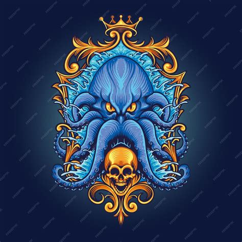 Синий кракен с черепом в золотой раме. векторные иллюстрации для вашей ...