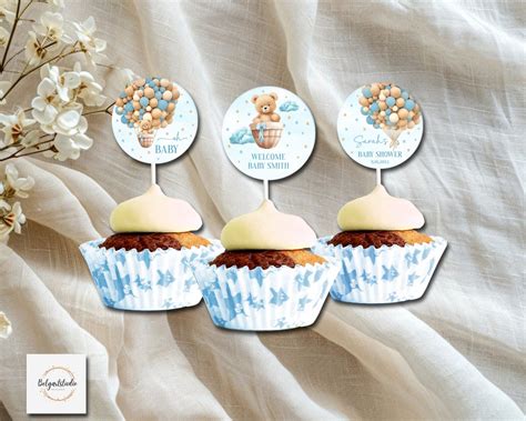 Editable Teddy Bear Hot Air Balloon Baby Shower Cupcake Toppers Blue Retro Boho Bear Party