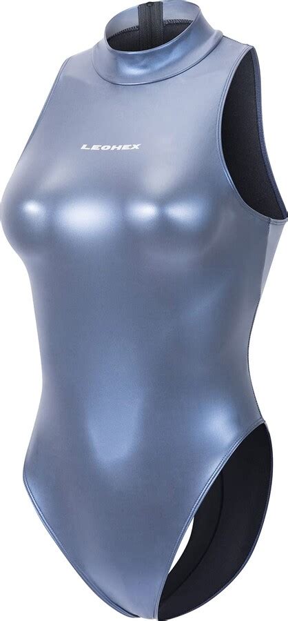 Leohex Metallic Shiny Spandex Leotard Sexy Sheer Rave Hot Bodysuit High Neck One Piece Swimsuit