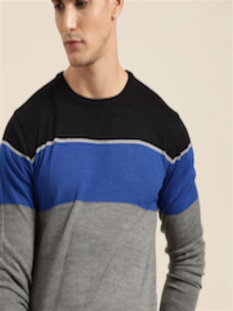 Buy Invictus Men Grey Melange Blue Colourblocked Pullover Sweaters