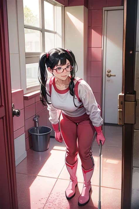 A Mature Woman With Black Hair Pigtails Glasses And Freckles Wearing Red Long SeaArt AI