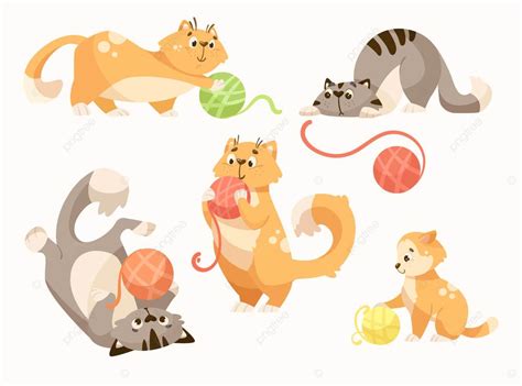 Cute Cats Playing With Ball Of Yarn Cartoon Illustration Set Ball
