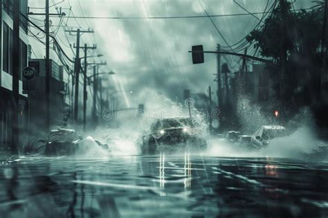 Rainy Night Scene in a Rainy Street with Cars Driving through the ...