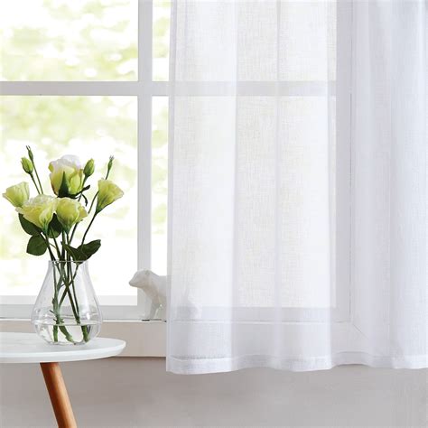 Fragrantex Faux Linen Semi Sheer White Curtains 63 Inch Length Window