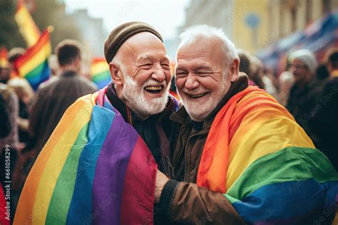 Two elderly gay men in love embracing with rainbow flags draped over their shoulders の Stock