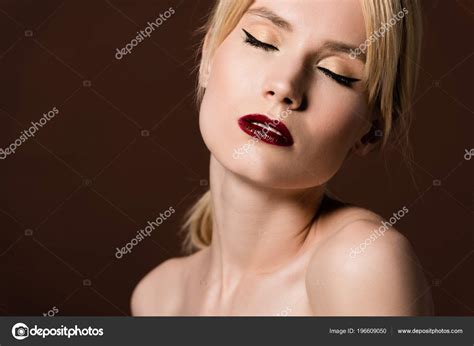 Portrait Sensual Naked Blonde Girl Posing Closed Eyes Isolated Brown Free Stock Photo Y