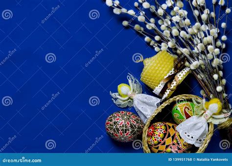 Easter Pussy Willow And Easter Egg On Blue Background Happy Easter