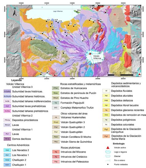 Mapa geológico del volcán Villarrica enfocado en la zona de Villarrica