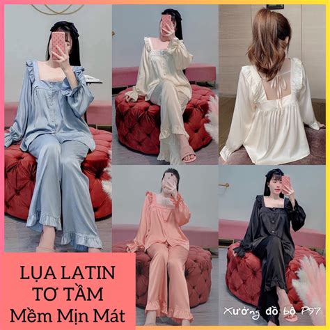 pijama tay dài cổ vuông lụa latin siêu hot đồ bộ nữ cao cấp giá rẻ 40kg đến 60kg pijama nữ hot