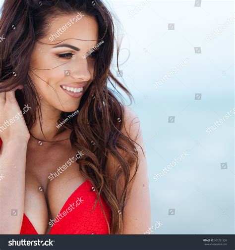 Sexy Brunette Girl Red Swimsuit Posing Stock Photo 301231535 Shutterstock