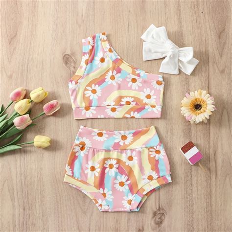 Pcs Baby Girls Swimsuits Set Rainbow Floral Print Bikini Set Sleeveless Bathing Suit M