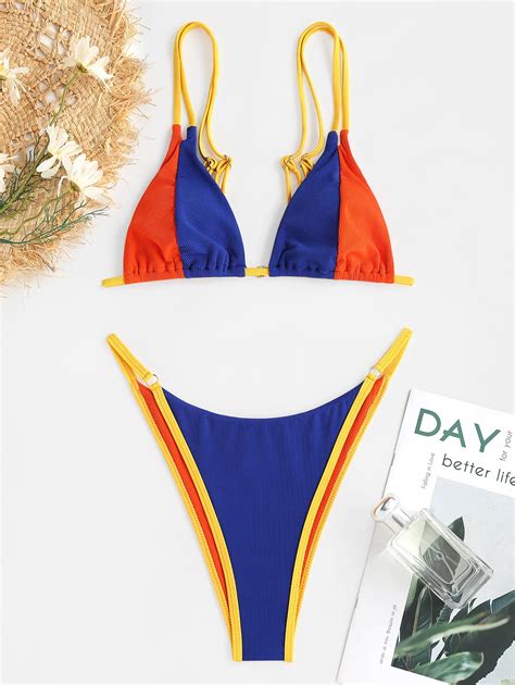 Zaful Ribbed Color Blocking Bikini Swimwear Piping Half Print Trend Rib Knit Beachwear For