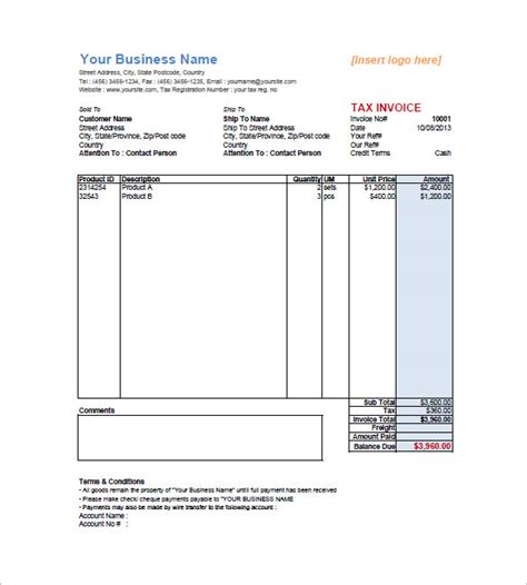 sales invoice templates   printable xlsx docs  formats