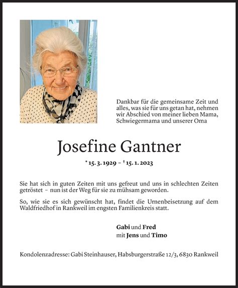 Todesanzeigen Von Josefine Gantner Todesanzeigen Vorarlberger Nachrichten