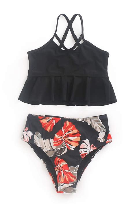 Xunyu Girls Swimsuit Falbala High Waisted Bathing Suit Halter Neck Bikini Swimwear Years