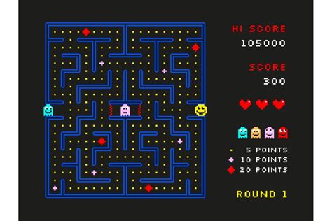 Arcade game location. Retro pixel monsters in maze video gam