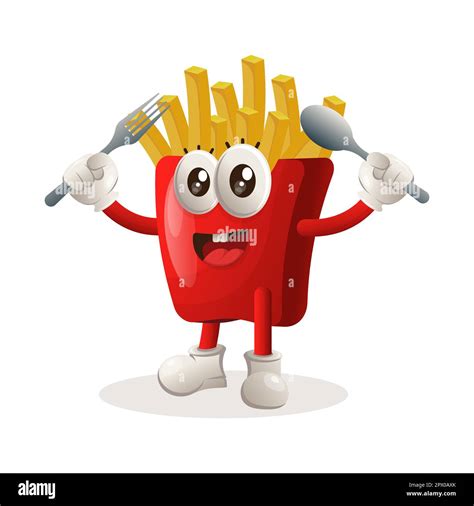 Cute French Fries Mascot Holding Spoon And Fork Perfect For Food Store