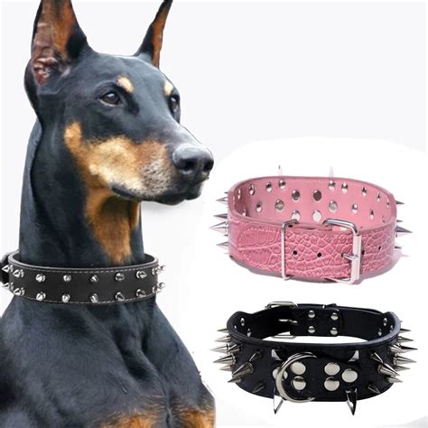 Pu Leather Pet Pitbull Dog Collars Cool Silver Pink Black Spiked Inlay